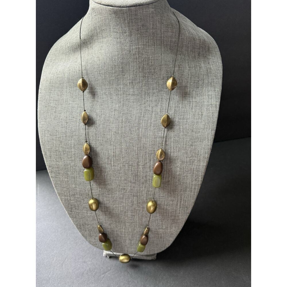Vintage Beaded Geometric MCM Necklace Olive Bronze Chain Art Deco Modernist 36”
